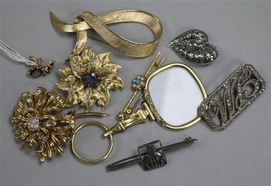 A pair of gold, sapphire and diamond chip ear studs, a bar brooch and other costume jewellery.